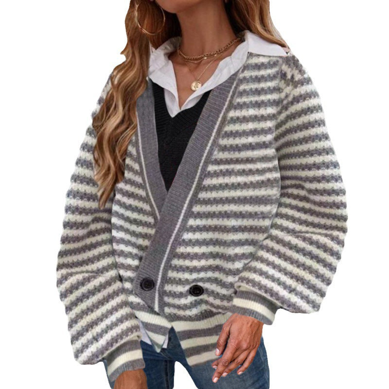 Damen Grobstrick Cardigan mit V-Ausschnitt und modernen Streifen EB