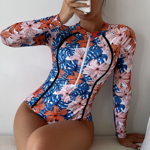 Damen Langärmliger Schwimmanzug mit floralem Muster EB