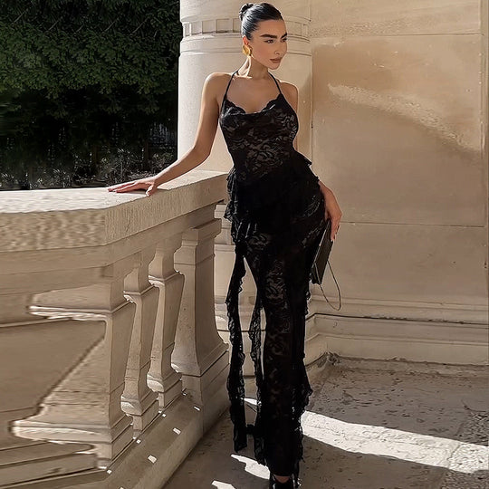 Damen Elegantes Abendkleid mit feiner Spitze und Rüschendetails EB