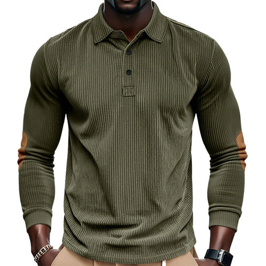 Herren nan geripptes Langarm-Poloshirt mit Henley-Knopfleiste und veloursähnlichen Ellbogenpatches EB