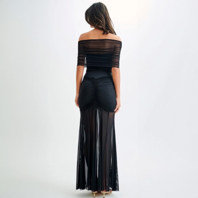 Damen Elegantes Maxi-Kleid mit schulterfreiem Design und Raffungen EB