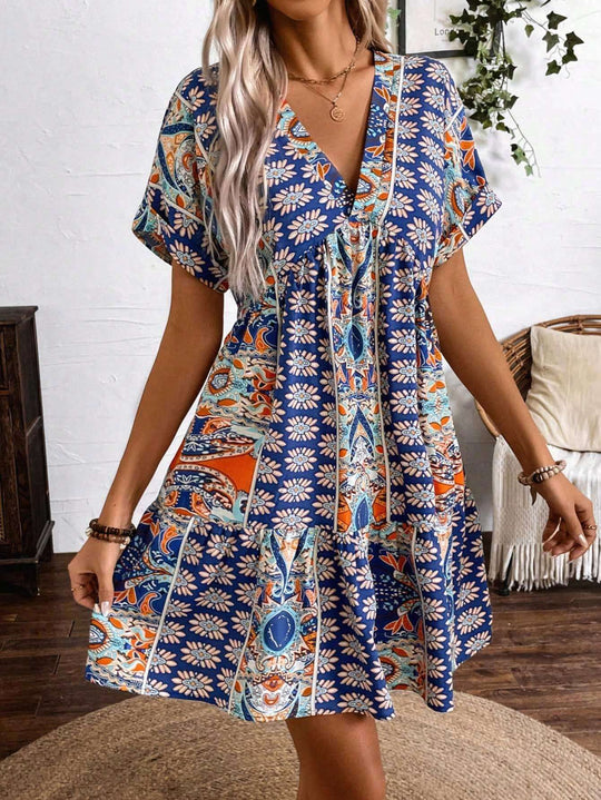 Damen luftiges Sommerkleid mit V-Ausschnitt und Volant EB