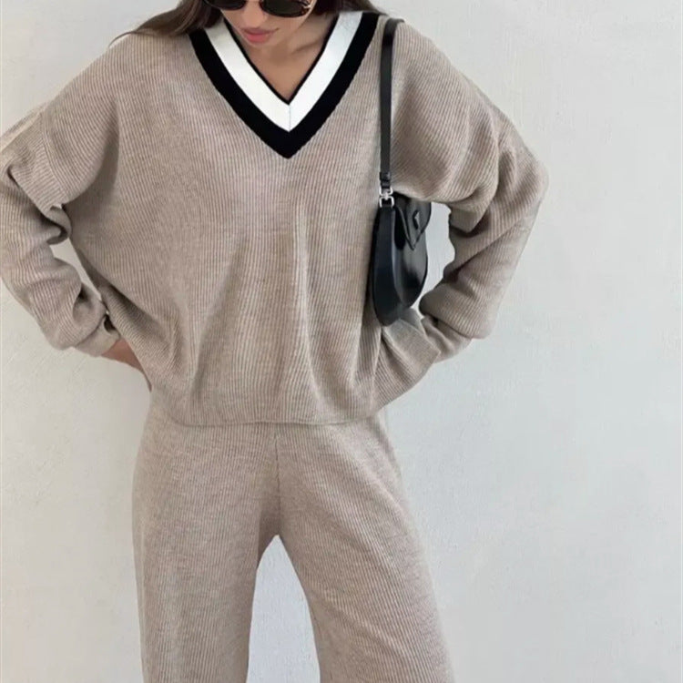 Damen gemütlicher V-Ausschnitt Pullover mit gestreiftem Kragen EB