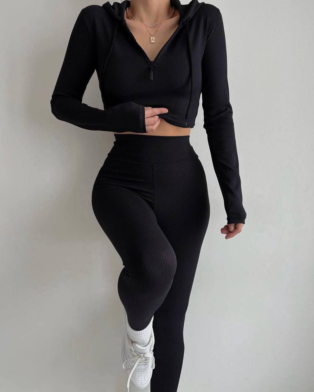 Damen geripptes Lounge-Set mit halbem Reißverschluss und hoher Taille EB