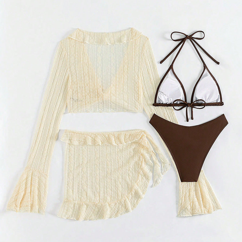 Damen Triangel-Bikini-Set mit langärmligem Crop-Top EB