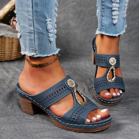 Damen modische Pantolette mit dekorativem Strassverschluss und komfortablem Blockabsatz EB