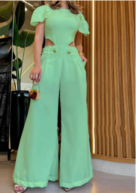 Damen Eleganter Jumpsuit mit Cut-Out und voluminösen Ärmeln EB