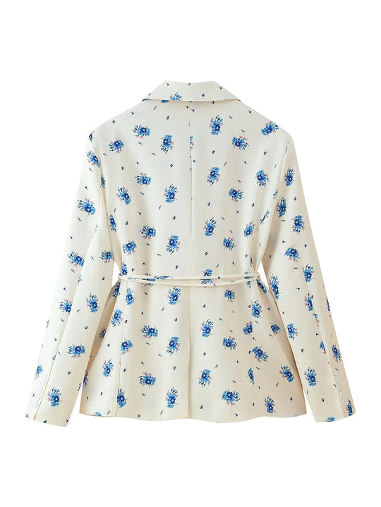 Damen taillierter Blazer mit floralem Muster und Bindegürtel EB