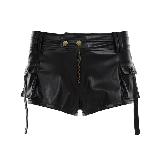 Damen Kunstleder-Shorts mit dekorativen Knopfdetails EB