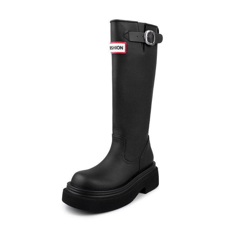 Damen Hohe Stiefel mit modischer Schnalle und komfortablem Plateau EB