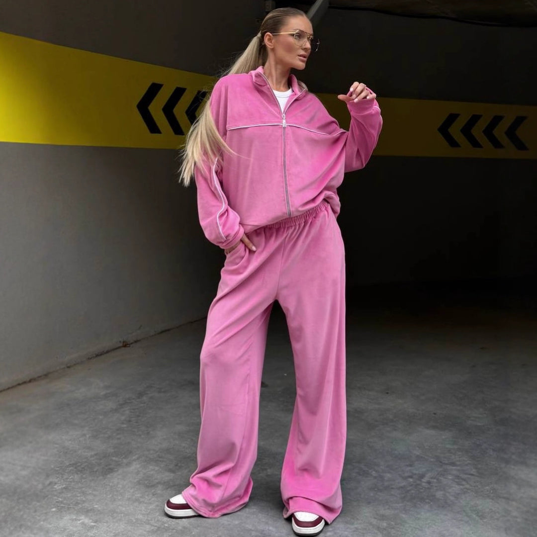Damen Relaxed-Fleece-Set mit halblanger Zipjacke und extraweiter High-Waist Jogginghose EB