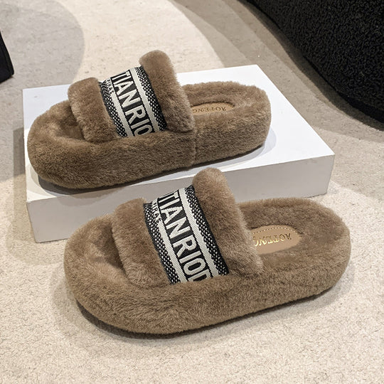 Damen Flauschige Hausschuhe mit modischem Riemen EB