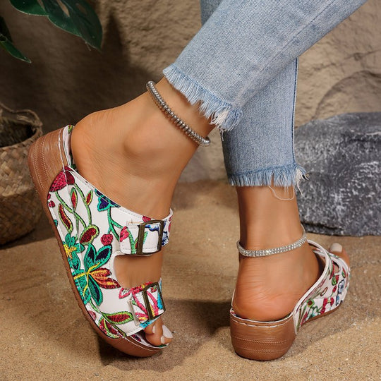 Damen komfortable Sandalen mit floralem Print und verstellbaren Riemen EB
