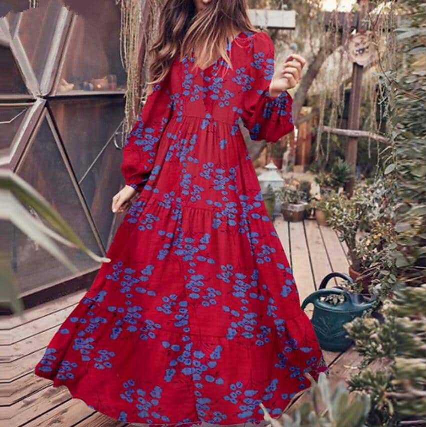 Damen Boho-Langarmkleid mit floralen Akzenten und schwingendem Saum EB