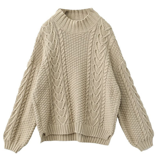Damen Grobstrickpullover mit hohem Kragen und Zopfmuster EB