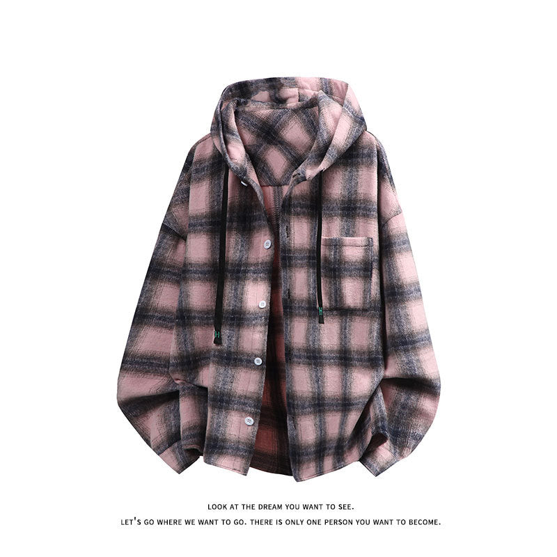Unisex nan oversized Kapuzen-Hemdjacke aus Flanell mit Karomuster und Brusttasche EB