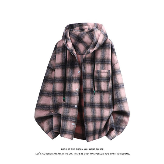 Unisex nan oversized Kapuzen-Hemdjacke aus Flanell mit Karomuster und Brusttasche EB