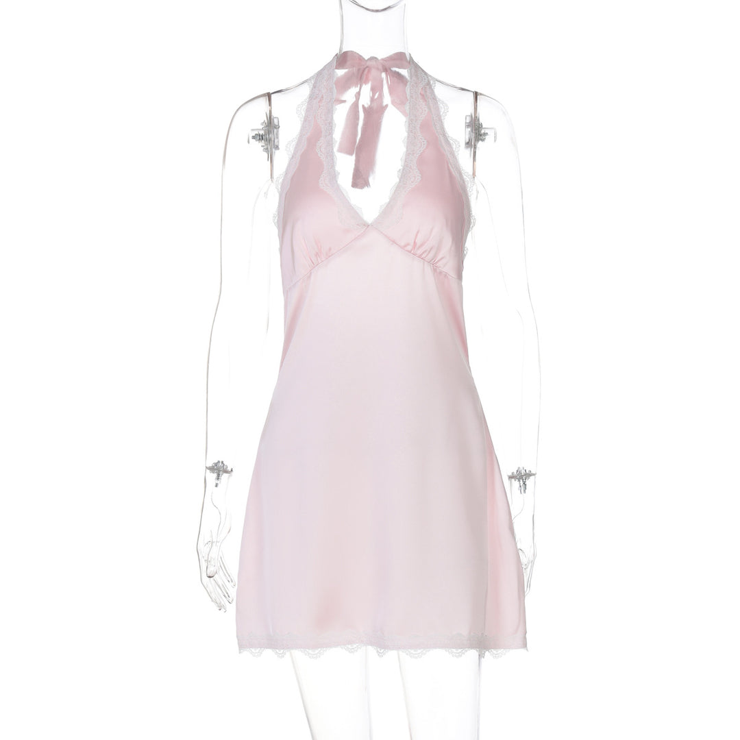 Damen sexy Nachtkleid mit elegantem Spitzenkragen und verstellbaren Bändern EB