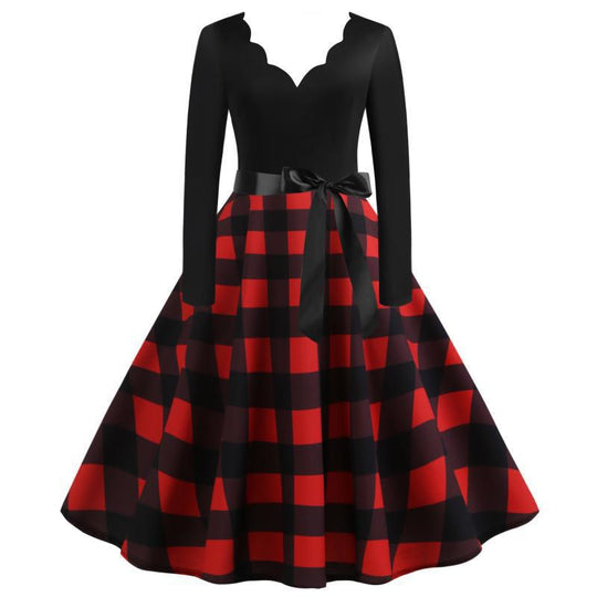 Damen Retro Swingkleid mit welligem V-Ausschnitt, tailliertem Satinbindegürtel und karierter Tellerrock EB