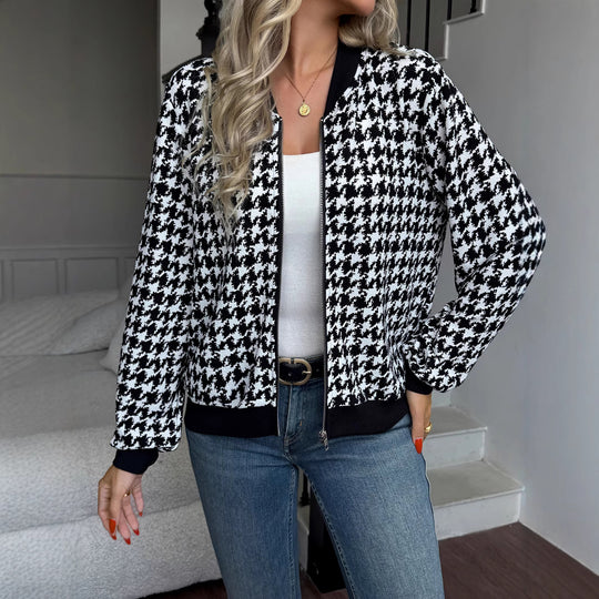 Damen Modische Bomberjacke mit Hahnentritt-Muster und elastischen Bündchen EB