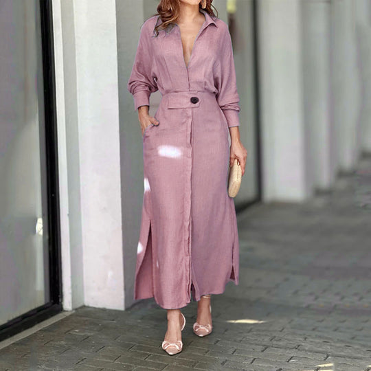 Damen elegantes Hemdblusenkleid mit Taillengürtel und seitlichen Schlitzen EB
