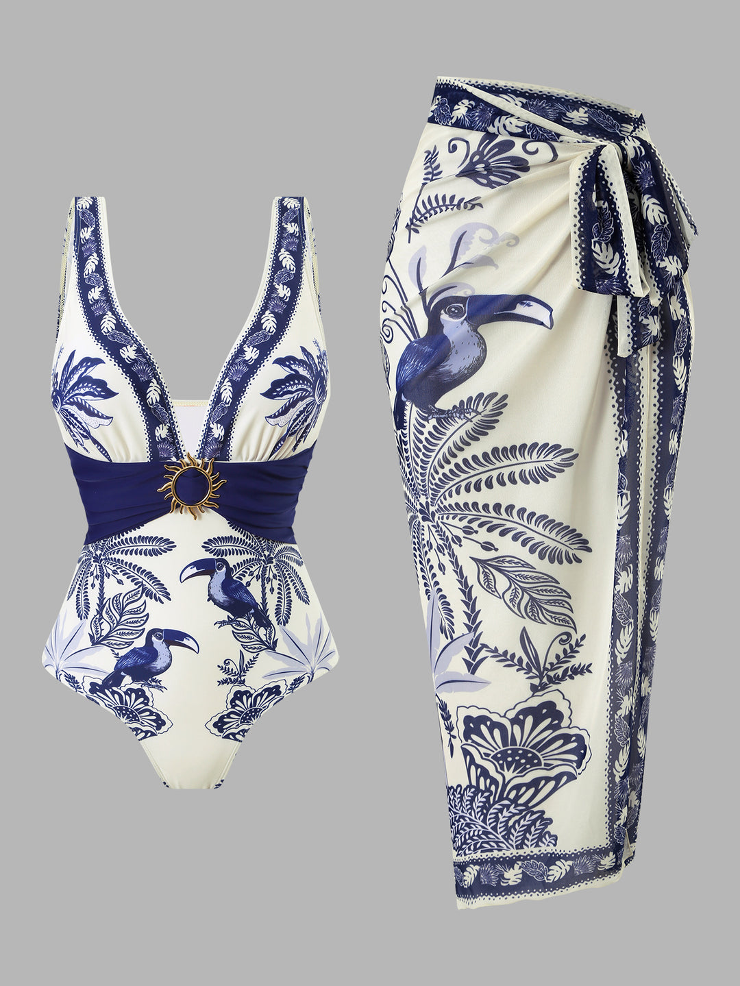 Damen Einteiliger Badeanzug mit floralem Design und elegantem Wickelrock EB