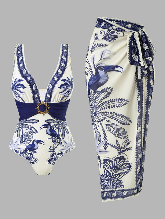 Damen Einteiliger Badeanzug mit floralem Design und elegantem Wickelrock EB