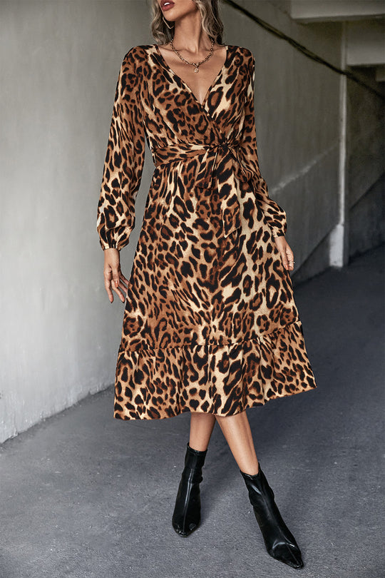 Damen Wickelkleid im modischen Leopardenmuster mit elastischem Taillengürtel EB