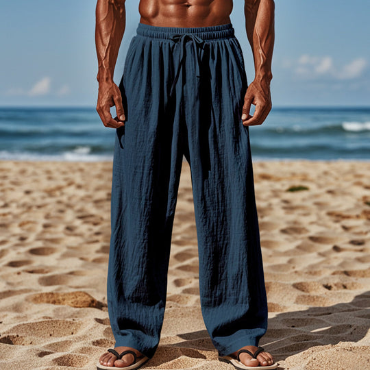 Herren Leichte Leinenhose mit weitem Schnitt, Elastikbund und Kordelzug EB