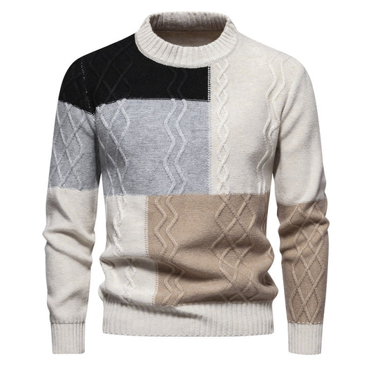 Herren Strickpullover mit modernem Zopfmuster und buntem Blockdesign EB