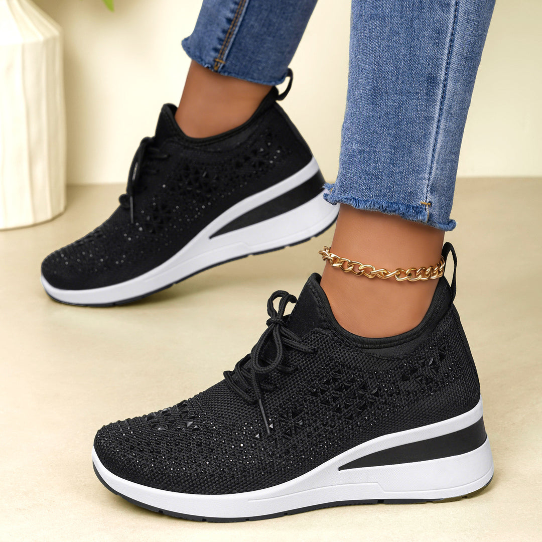 Damen nan Strick-Plateau-Sneaker mit funkelnder Verzierung, sockenähnlichem Einstieg und stoßdämpfender EVA-Zwischensohle EB