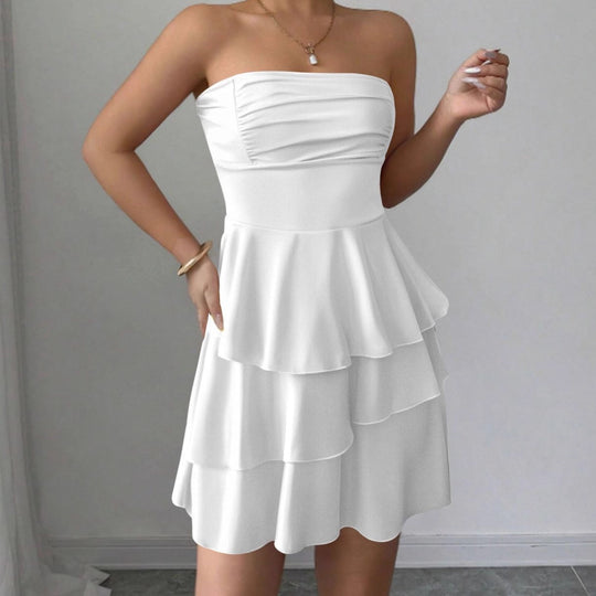 Damen Schulterfreies Rüschenkleid mit schwingendem Saum und elegantem Design EB