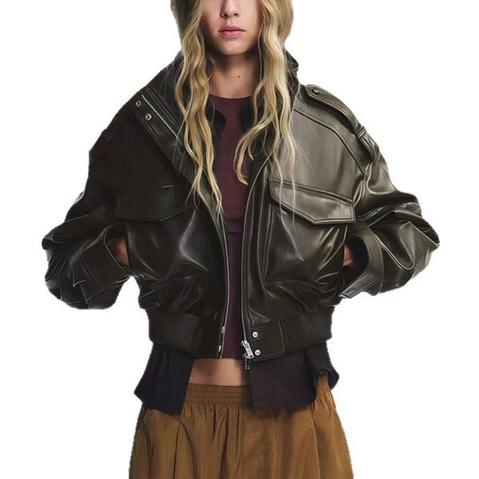 Damen Kunstlederjacke im urbanen Stil mit Stehkragen und praktischen Taschen EB