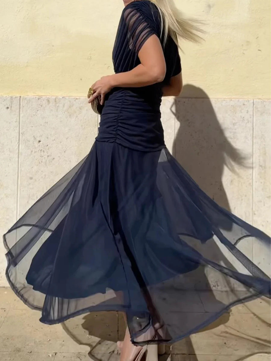 Damen nan fließendes Abendkleid mit transparentem Chiffon-Capelet, V-Ausschnitt und taillierter Drapierung EB