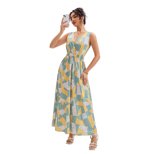 Damen Maxikleid mit tiefem V-Ausschnitt und modischem geometrischen Muster EB