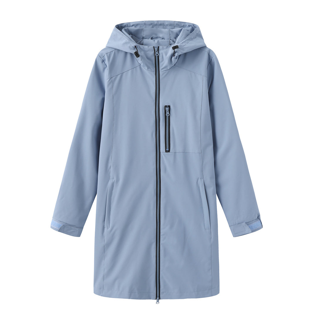 Damen nan lange schlanke Funktionsregenjacke mit durchgehendem Reißverschluss Brustreißverschlusstasche und Klettmanschetten EB