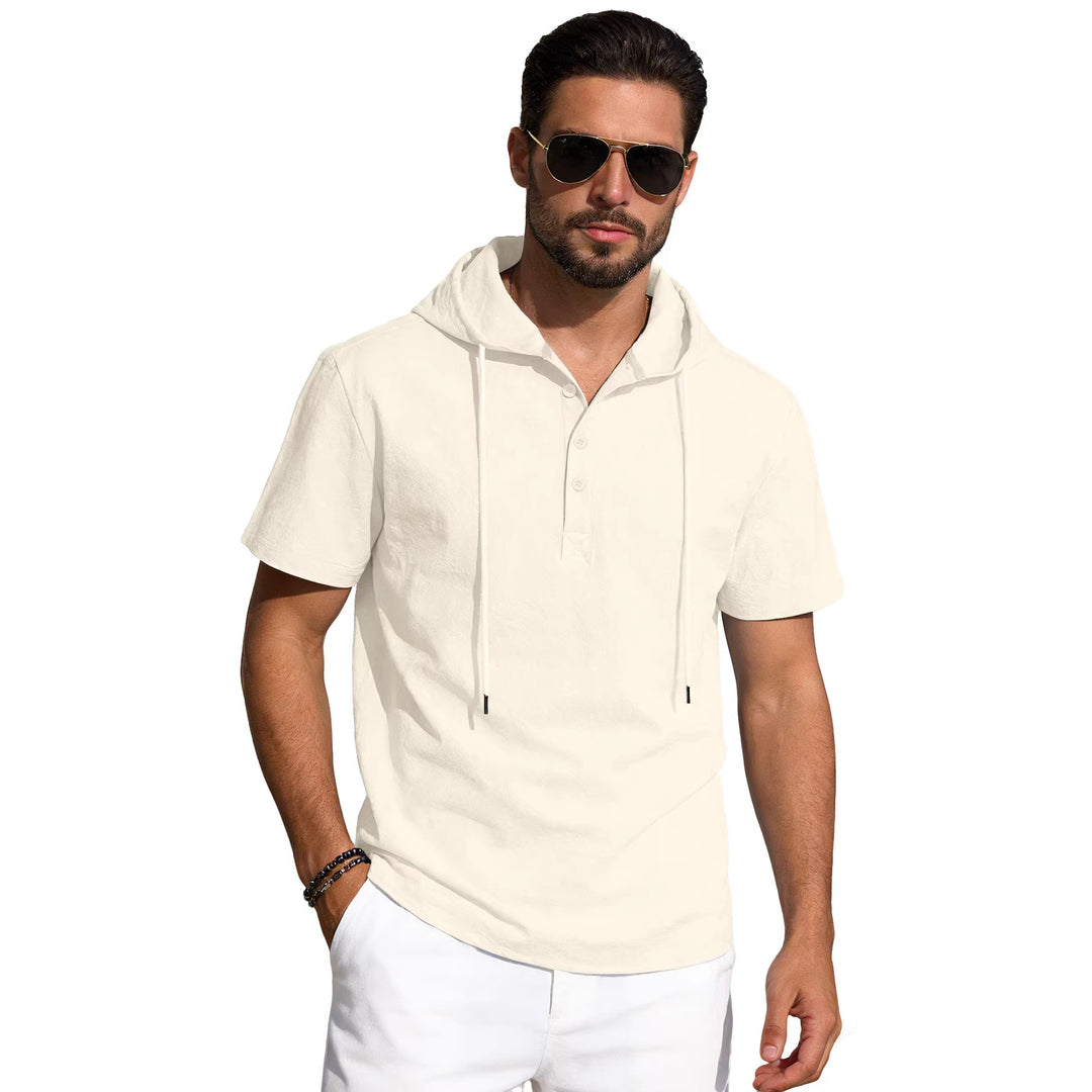 Herren nan kurzärmeliges Kapuzen-Henley aus Slub-Baumwolle mit verdeckter Knopfleiste und Kordelzug EB