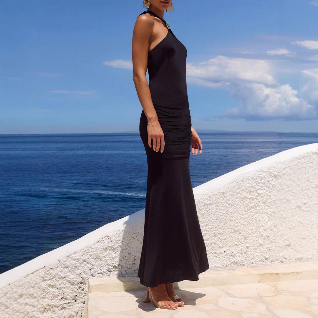 Damen Elegantes Maxi-Kleid mit sphärischem Halterneck und raffinierter Raffung EB