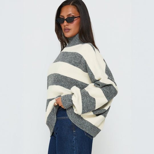 Damen Oversize Streifen-Pullover mit Rollkragen EB