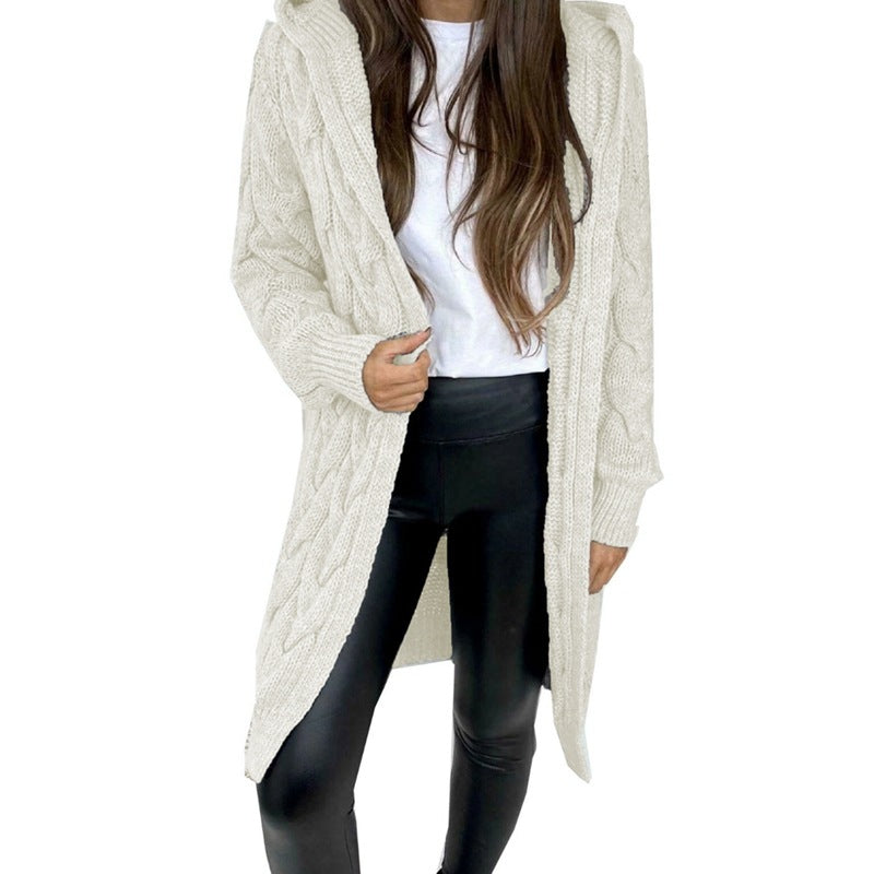 Damen Langer Strickmantel mit strukturiertem Zopfdesign und praktischer Kapuze EB