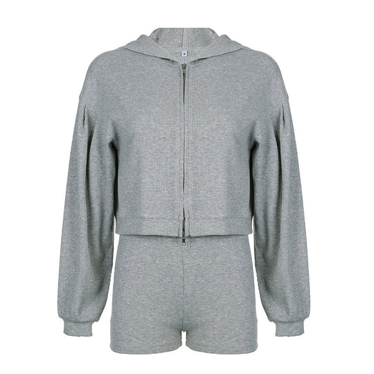 Damen nan kurzes geripptes Lounge-Set mit Kapuzen-Zipjacke und Highwaist-Shorts EB