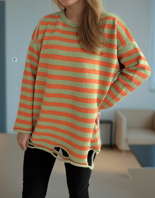 Damen lässiger Oversize-Pullover mit breiten Streifen EB
