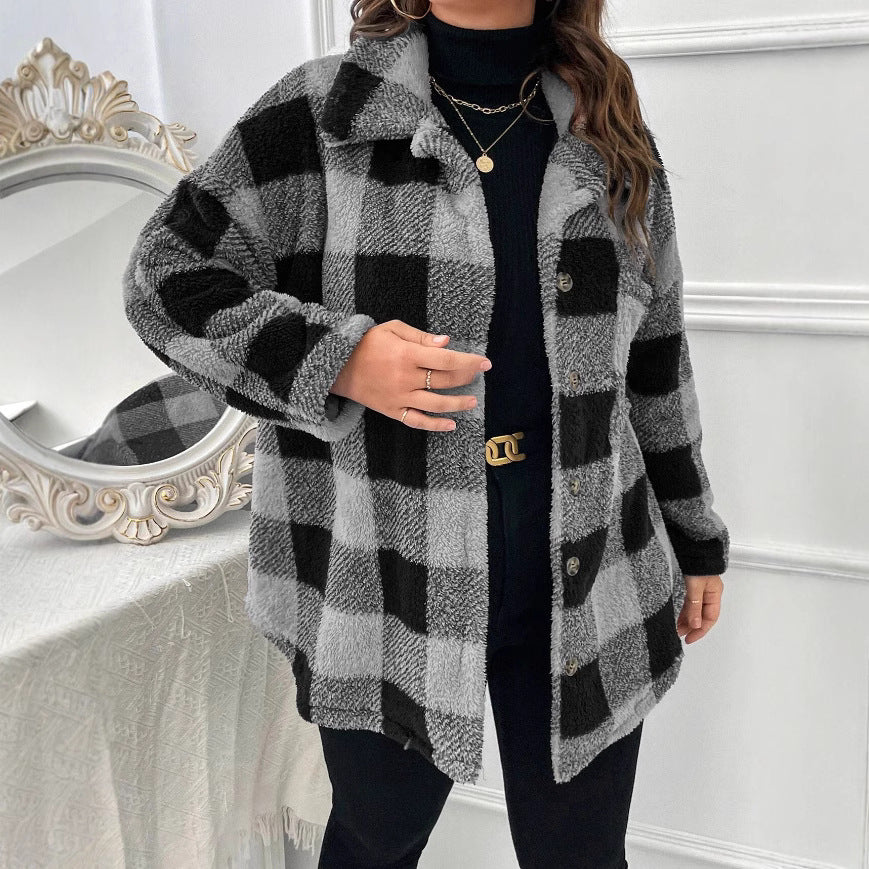 Damen kuschelige Karojacke mit Knopfverschluss und oversized Schnitt EB