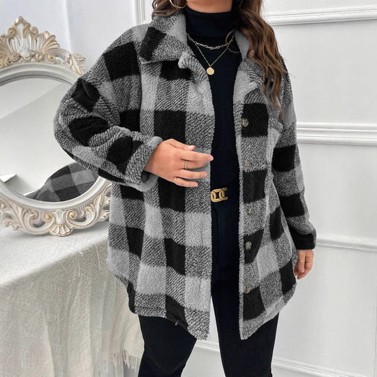 Damen kuschelige Karojacke mit Knopfverschluss und oversized Schnitt EB