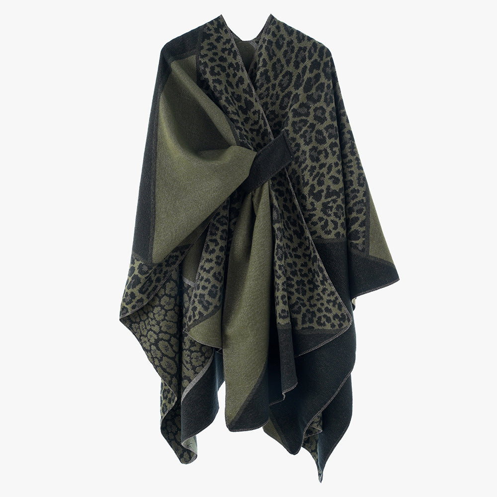 Damen Jacquard-Poncho mit Leopardenmuster und Wollmix-Überwurf EB