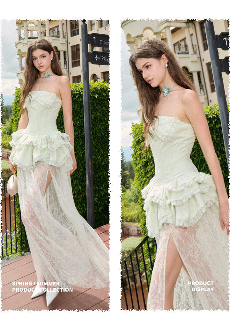 Damen Elegantes und luftiges Abendkleid mit Rüschendetails und transparentem Rock EB