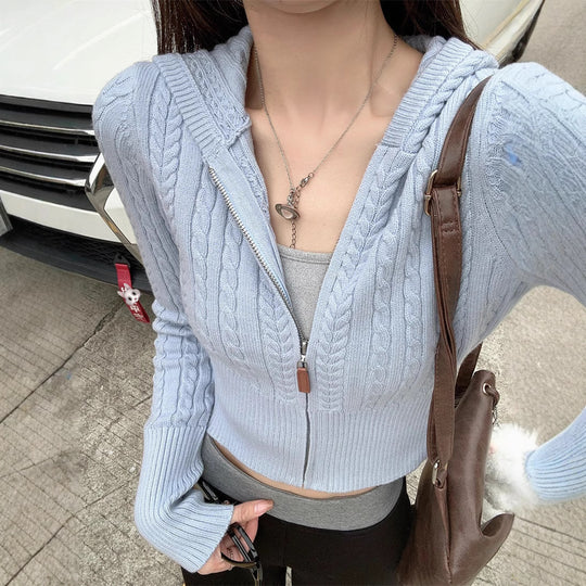 Damen modischer Strickpullover mit Kapuze und Zopfmuster EB