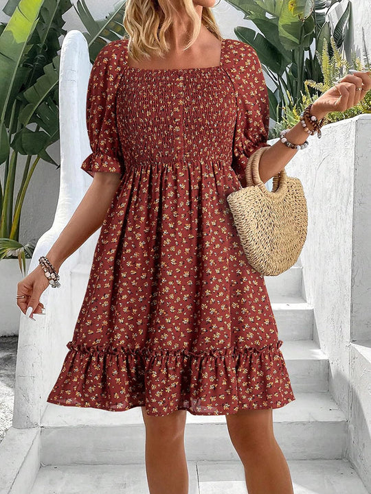 Damen romantisches Sommerkleid mit Puffärmeln und Rüschen EB