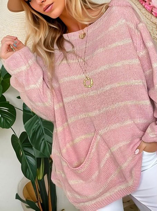 Damen lässiger Strickpullover mit elegantem Streifenmuster und praktischer Brusttasche EB