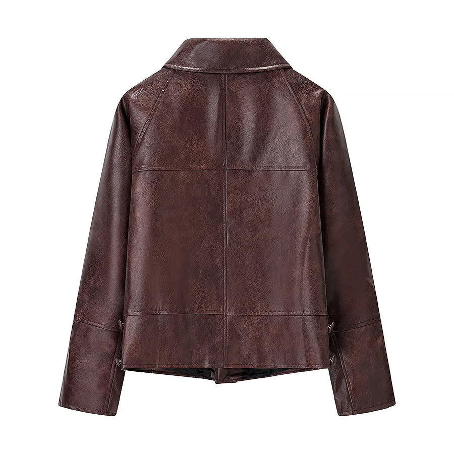 Damen modische Kunstlederjacke mit einzigartigem Schnitt und eleganten Taschen EB